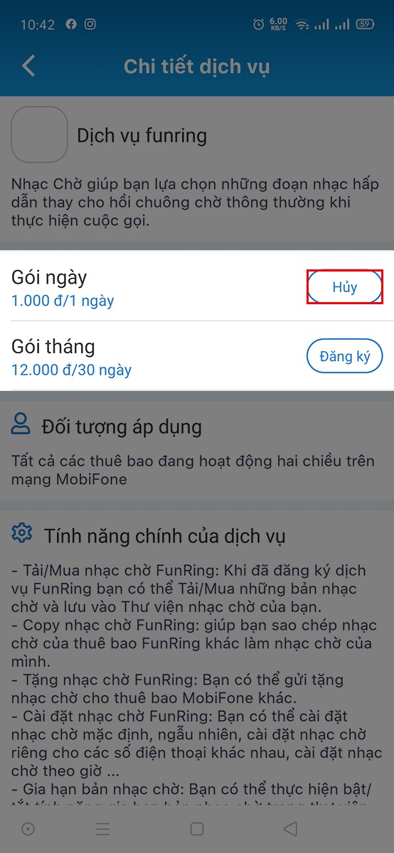 Nhấn Hủy dịch vụ FunRing mà bạn đăng ký