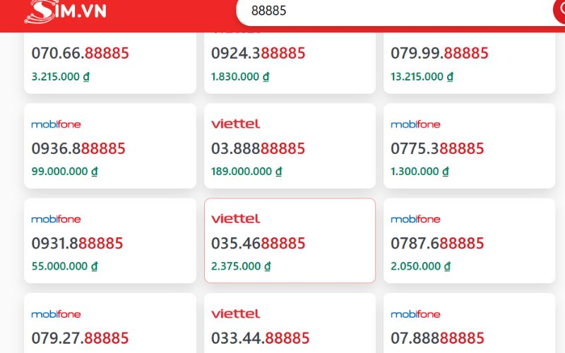 danh sách sim đuôi 88885