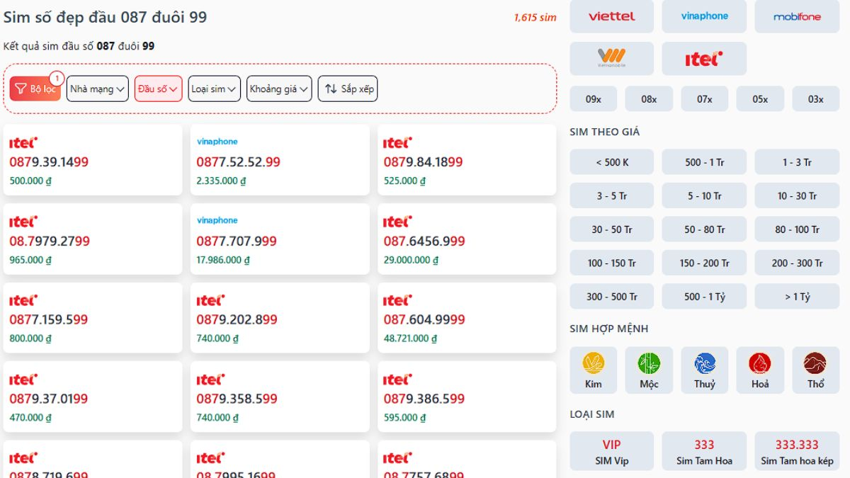 Sim số đẹp đầu số 087 đuôi 99