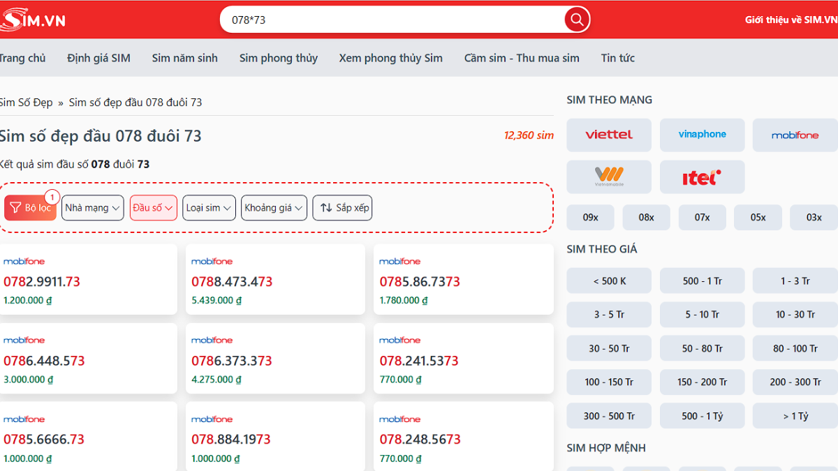 Sim số đẹp đầu 078 đuôi 73