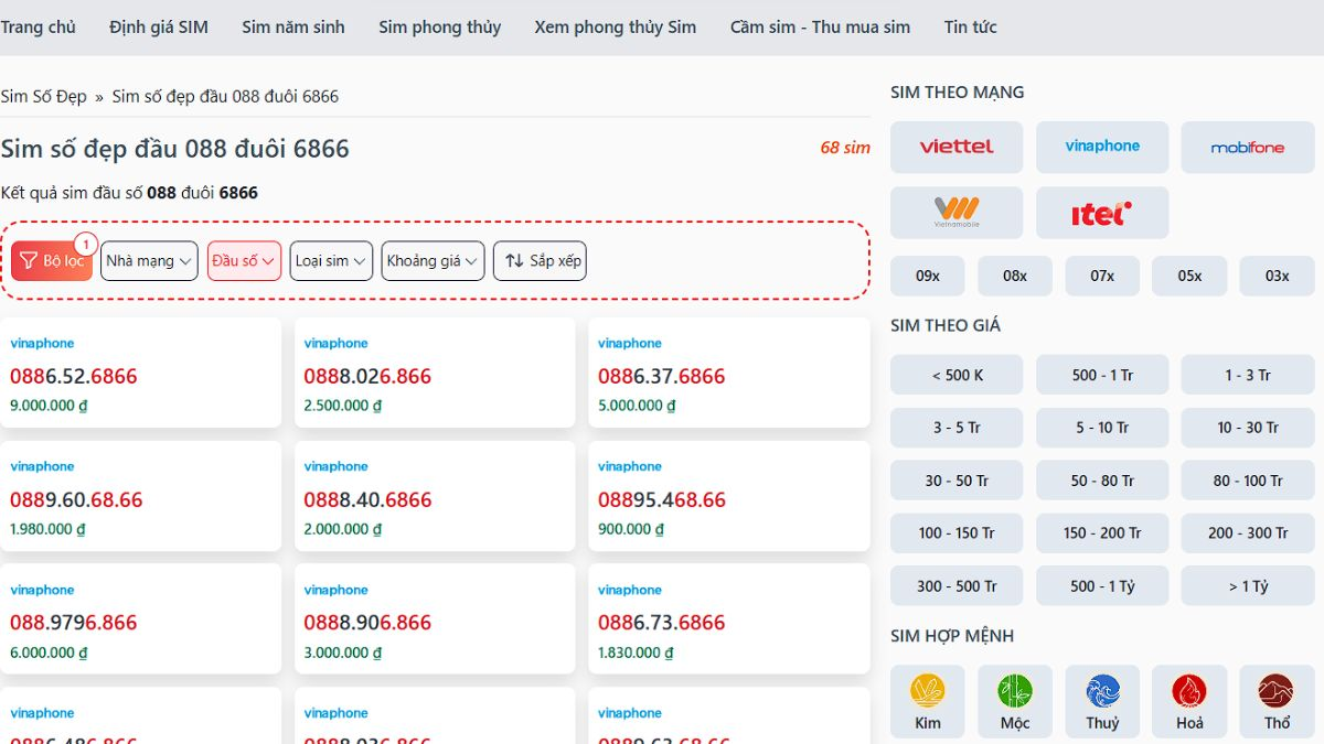 Sim số đẹp đầu 088 đuôi 6866