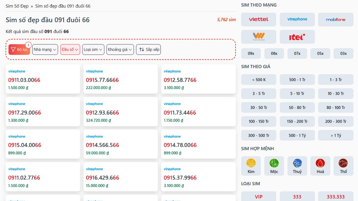 Sim số đẹp đầu 091 đuôi 66