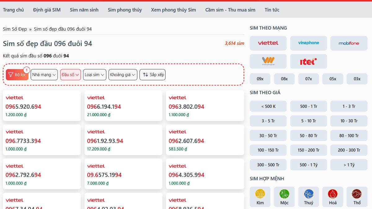 Sim số đẹp đầu 096 đuôi 94