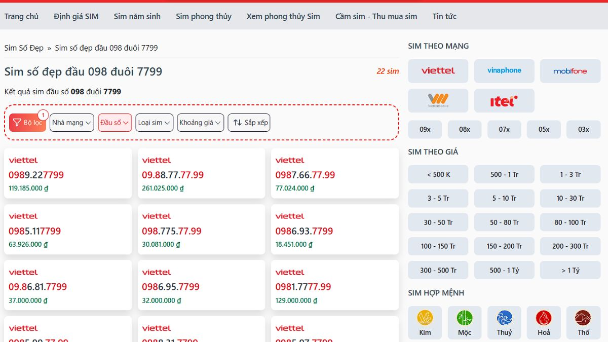 Sim số đẹp đầu 098 đuôi 7799