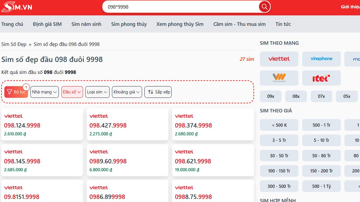 Sim số đẹp đầu 098 đuôi 9998