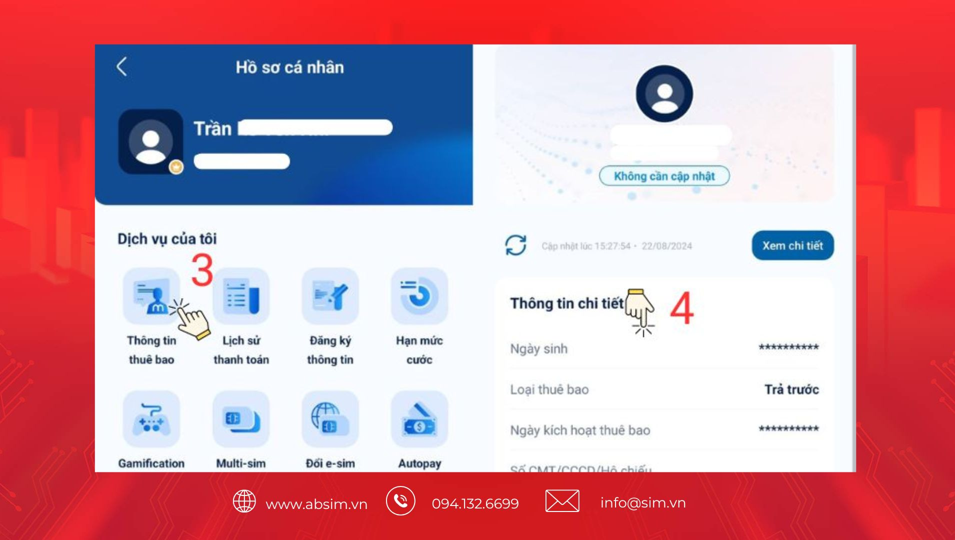 Nhấn thông tin thuê bao để kiểm tra 